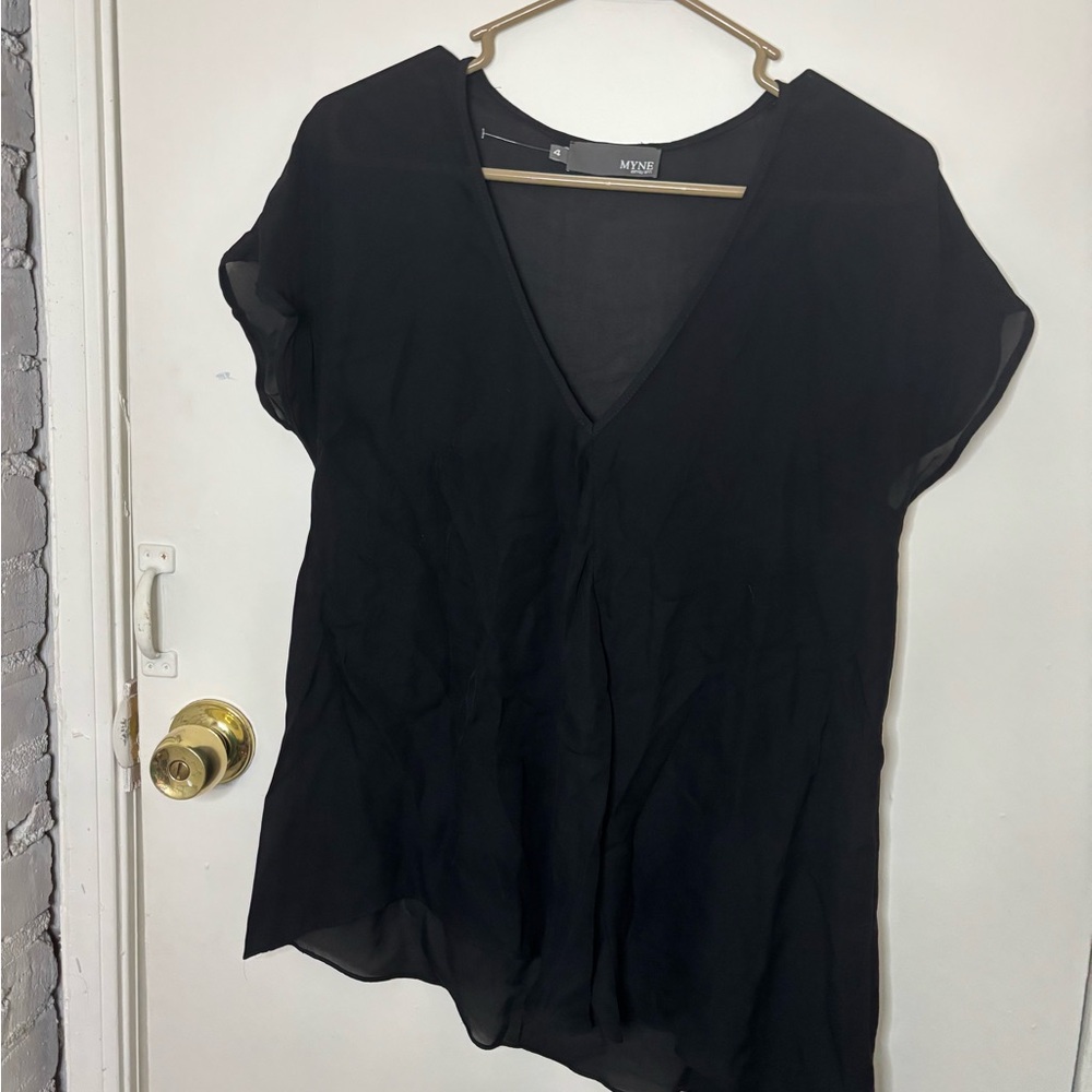 Myne Black V-Neck Silk Blouse Asymmetrical